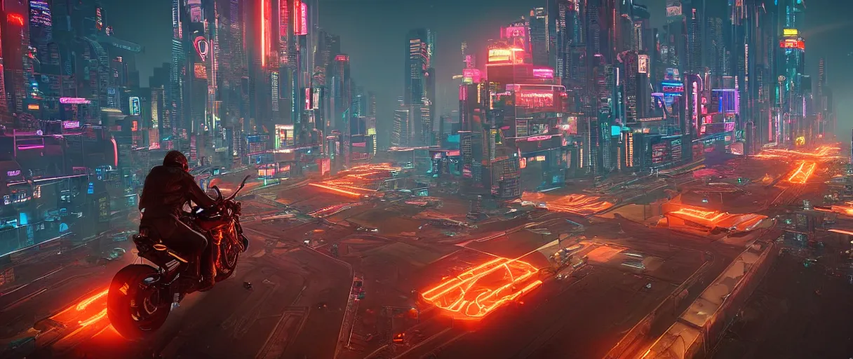 Image similar to an android thief on a motorcycle making a getaway from a helicopter in a glowing neon cyberpunk city at dawn, unreal engine, cinematic atmosphere, establishing shot viewed from above