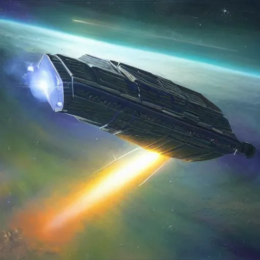 Prompt: concept art of an large space vessel in the shape of a wedge, traveling through space by chris foss, the ship looks imposing, aerodynamically shaped and has six thrusters in the back, artstation hq.