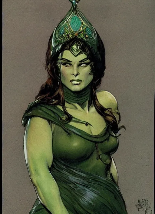 Prompt: mighty plump female sorceress, green tiara, strong line, muted color, beautiful! coherent! by frank frazetta, by brom