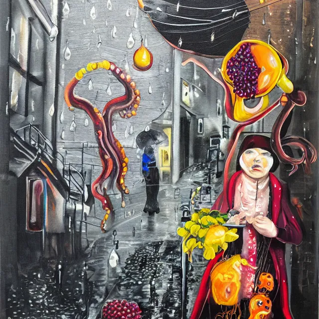 Prompt: a portrait in a dark laneway, a woman holding pancakes, streetlamps, rain, berries dripping, scientific instruments, ikebana, octopus, neo - expressionism, surrealism, acrylic and spray paint and oilstick on canvas