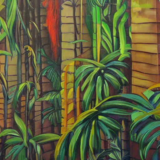 Prompt: 4 th wall jungle painting, oil and acrylic on canvas, high detail