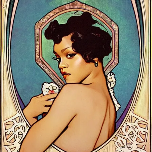 Image similar to Rihanna portrait, art nouveau, alphonse mucha