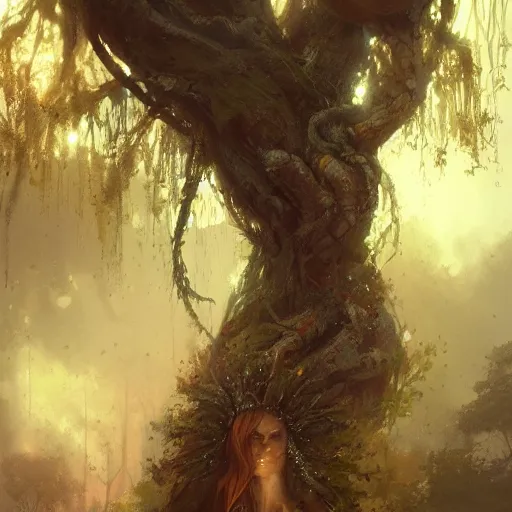 Prompt: a beautiful portrait of a tree goddess by Greg Rutkowski and Raymond Swanland, Trending on Artstation, ultra realistic digital art