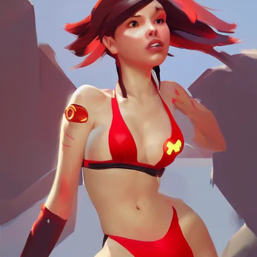 Prompt: portrair of overwatch tracer in a red bikini, artwork by sergey kolesov,