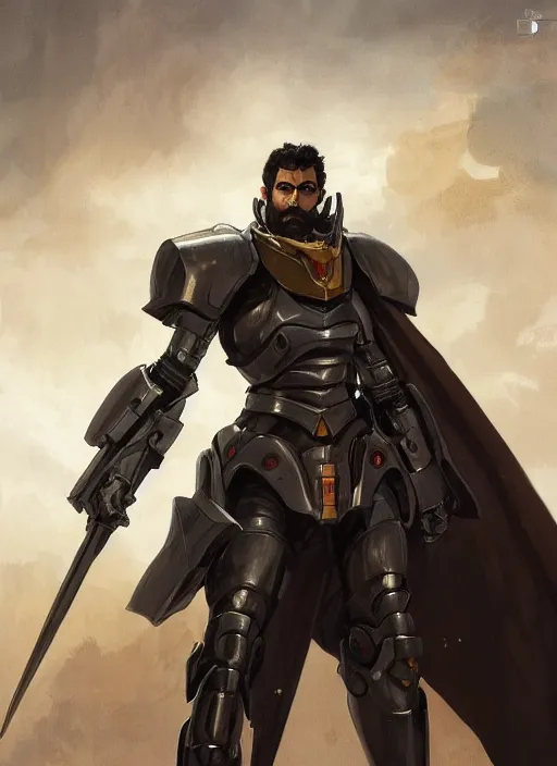 Image similar to medium-length portrait of a male paladin with short curly hair and a dark beard, dark brown skin, happy expression, wears a suit of power armor, gundam, medieval setting, highly detailed, digital painting, artstation, concept art, sharp focus, illustration, art by greg rutkowski and alphonse mucha