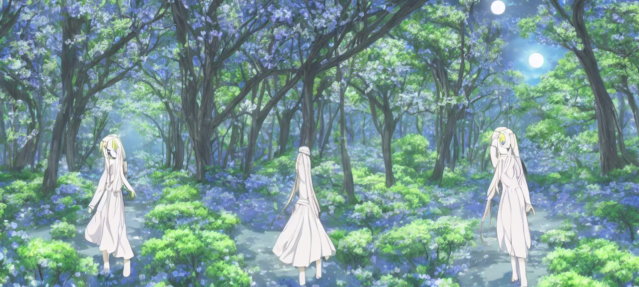 Image similar to illyasviel walking through enchanted ghibli clover | Big Moon at Blue Night | Trees with white flowers | bioluminescent blue FLOWERS | strong blue rimlit | visual-key | anime illustration | highly detailed High resolution | Light Novel | Visual Novel | In the style of Miyama-Zero, Yuuki Hagure