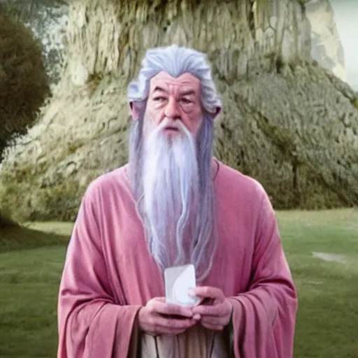 Image similar to portrait of gandalf, wearing a pink ribbon tied into his hair, holding a blank playing card up to the camera, movie still from the lord of the rings