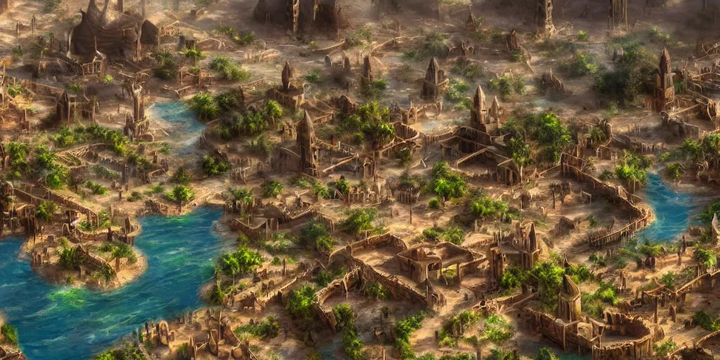 Image similar to Sprawling bustling high fantasy oasis desert village flowing with water, Cinematic Matte Painting, Insanely Detailed, Award Winning, Trending on Artstation, 8k, UHD