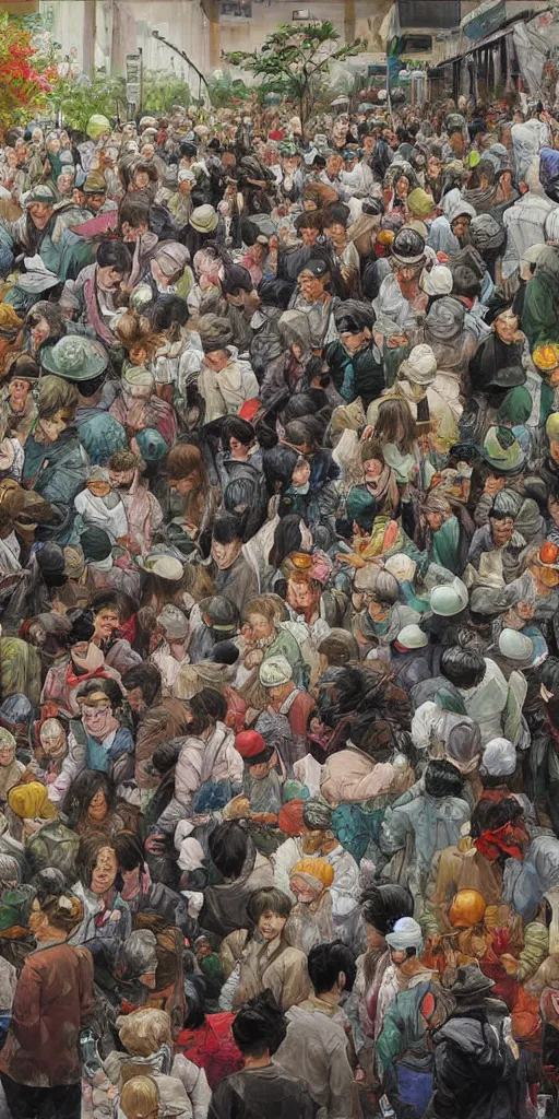 Prompt: oil painting scene crowd from blooming garden by kim jung gi