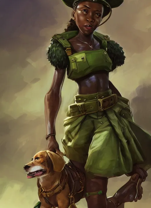 Image similar to a highly detailed illustration of cute african girl wearing military uniform and green officer cap riding on giant dog!!!, dramatic standing pose, perfect face, intricate, elegant, highly detailed, centered, digital painting, artstation, concept art, smooth, sharp focus, league of legends concept art, wlop