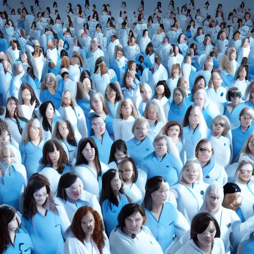 Prompt: unorganized crowd of angry chubby women, white hair, tight light blue neopren space uniforms, futuristic production facility, sci - fi, highly detailed, cinematic