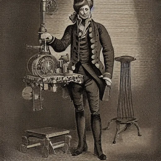 Prompt: an 18th century sepia photographic portrait of a clockwork steam robot