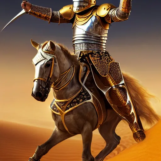 Image similar to Realistic photo of the king of the Desert in Battle, Knight with a golden helmet and a Silver Armour, Sand, Heroic Battle Scene, dark fantasy, intricate, cinematic lighting, highly detailed, digital art, trending on Artstation, 8k, photorealistic, art by Artgerm and Greg Rutkowski and Alphonse Mucha