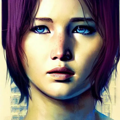 Image similar to jennifer lawrence portrait as manga girl, realistic shaded perfect face, fine details. anime. realistic shaded lighting poster by ilya kuvshinov katsuhiro otomo ghost - in - the - shell, magali villeneuve, artgerm, jeremy lipkin and michael garmash and rob rey