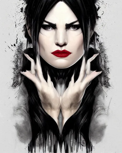 Image similar to portrait of evil a tall 4 0 - year - old woman with thin lips, heavy - lidded eyes, a strong jaw and long, thick shining black hair, thick eyebrows and long eyelashes, wearing in black clothes, hyper realistic face, beautiful eyes, character art, art by mark brooks, hyperdetailed, cryengine, trending on artstation, digital art