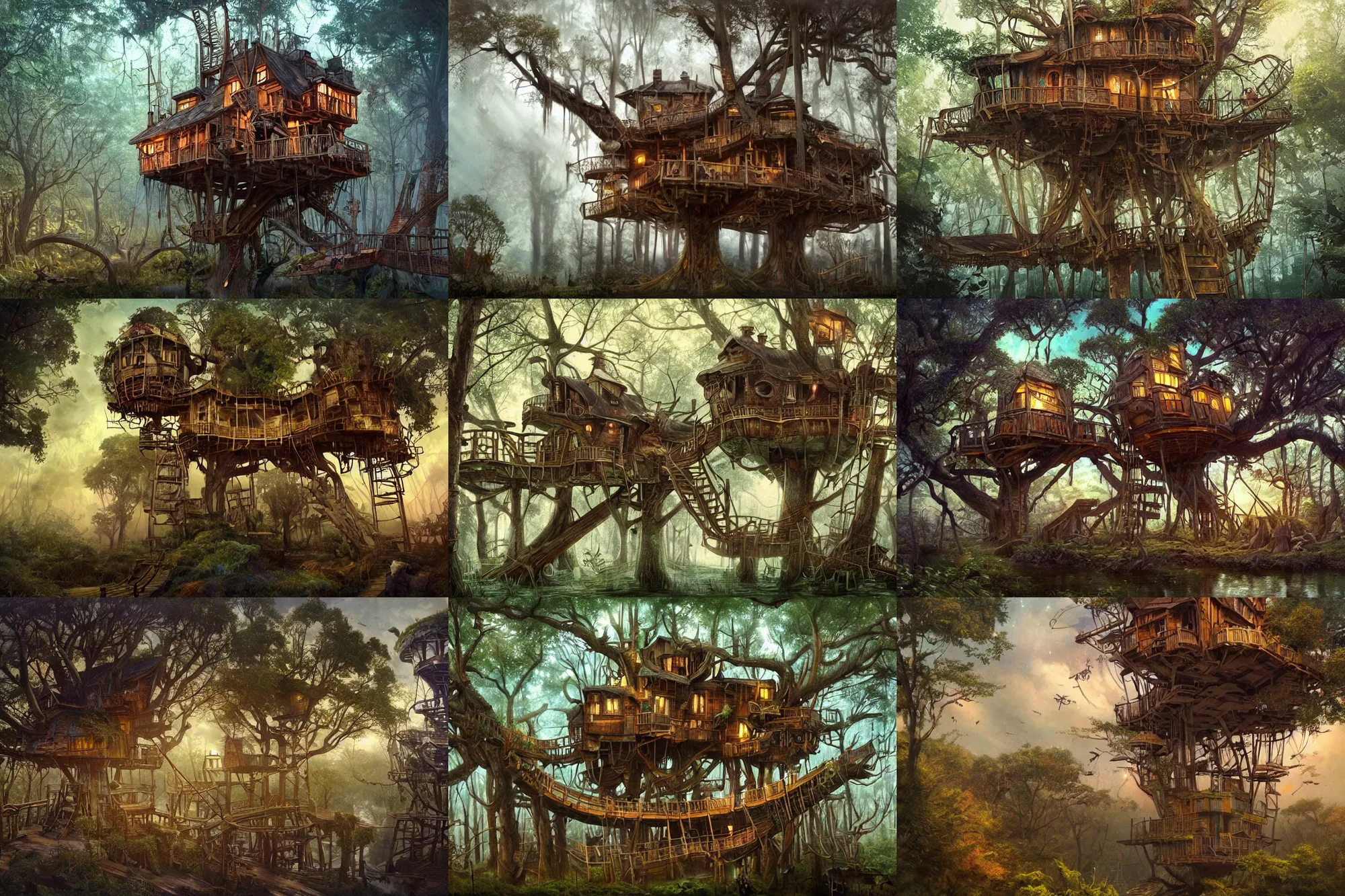 Prompt: A treehouse made out of a derelict pirate ship, the treetops of giant oaks, pub, detailed illustration, digital art, overdetailed art, concept art, highly saturated colors, detailed illustration, hd, 4k, digital art, cgsociety and beeple highly detailed, cinematic lighting, illustration, art, very coherent. high detail, Dan Mumford, Greg, Rutkowski, trending on artstation