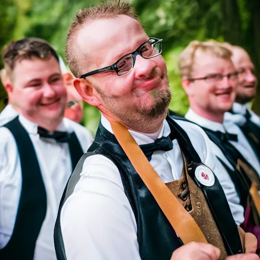 Image similar to An obese german in Lederhosen at a wedding, EOS-1D, f/1.4, ISO 200, 1/160s, 8K, RAW, unedited, symmetrical balance, in-frame