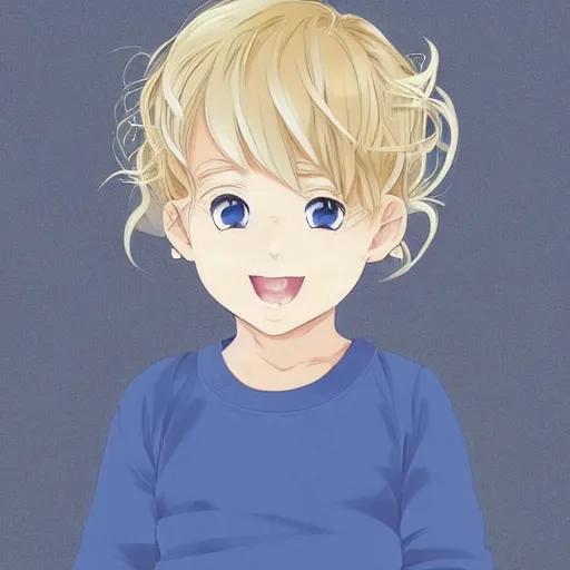 Prompt: A medium shot anime portrait of a little smiling anime girl child with thin curly light ash blonde short hair and light blue eyes, blue-eyed, chubby face, very young, toddler, baby, a few large curls, medium shot portrait, her whole head fits in the frame, solid color background, flat anime style shading, head shot, 2d digital drawing by Stanley Artgerm Lau, WLOP, Rossdraws, James Jean, Andrei Riabovitchev, Marc Simonetti, and Sakimi chan, trending on artstation