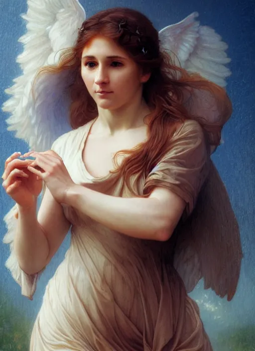 Image similar to portrait lionel messi angel, full length shot, shining, 8 k highly detailed, sharp focus, illustration, art by artgerm, mucha, bouguereau