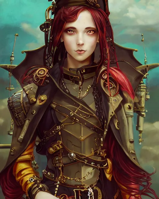 Image similar to a beautiful close up portrait 2D illustration of a young female steampunk pirate wearing leather armor on gold and red trimmings on green, by Charlie Bowater, tom bagshaw, Artgerm and Lois Van Baarle, beautiful anime face, very cool pose, pirate ship with an epic sky background, slightly smiling, cinematic anime lighting and composition, fantasy painting, very detailed, ornate, trending on artstation and pinterest, deviantart, google images