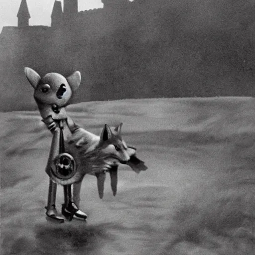 Prompt: anthropomorphic fox!! who is a medieval knight holding a swo - rd towards a stormy thunderclo - ud [ 1 9 3 0 s film still ], ( castle in the background )