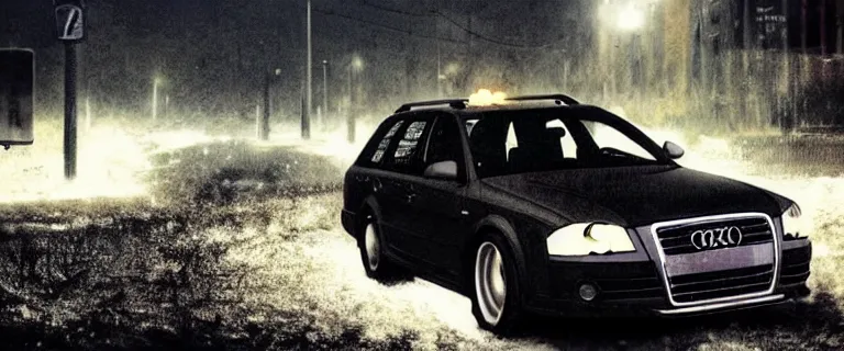 Image similar to Audi A4 B6 Avant (2002), a gritty neo-noir, dramatic lighting, cinematic, eerie person, death, homicide, homicide in the snow, viscera splattered all over the car, gunshots, establishing shot, extremely high detail, photorealistic, arson, burning city, cinematic lighting, artstation, by simon stalenhag, Max Payne (PC) (2001) winter New York at night, In the style of Max Payne 1 graphic novel, flashing lights, Poets of the Fall - Late Goodbye