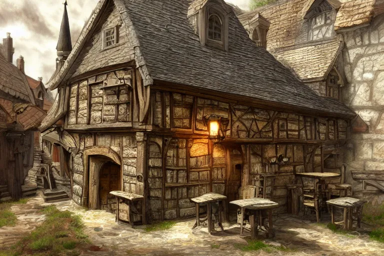 Image similar to A tiny medieval tavern viewed from the outside, texture, intricate, details, highly detailed, masterpiece, architecture, building, trending on artstation, focus, sharp focus, concept art, digital painting, fantasy, sunny, day, midday