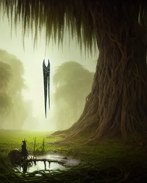 Image similar to highly detailed surreal vfx portrait of a cursed dagger in a shadowy swamp by a willow tree, stephen bliss, unreal engine, greg rutkowski, loish, rhads, beeple, makoto shinkai and lois van baarle, ilya kuvshinov, rossdraws, tom bagshaw, alphonse mucha, global illumination, detailed and intricate environment