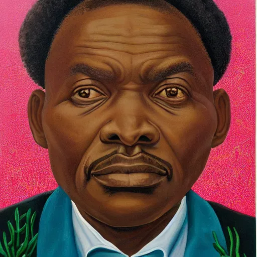 Prompt: a painting of a round face, XXL, Loving, caring, generous, ever-present, humble, wise elder from Kenya in a suit by Kehinde Wiley . Fatherly/daddy, focused, loving, leader, relaxed,. ethereal lights, details, smooth, sharp focus, illustration, realistic, cinematic, artstation, award winning, rgb , unreal engine, octane render, cinematic light, macro, depth of field, blur, red light and clouds from the back, highly detailed epic cinematic concept art CG render made in Maya, Blender and Photoshop, octane render, excellent composition, dynamic dramatic cinematic lighting, aesthetic, very inspirational, arthouse.