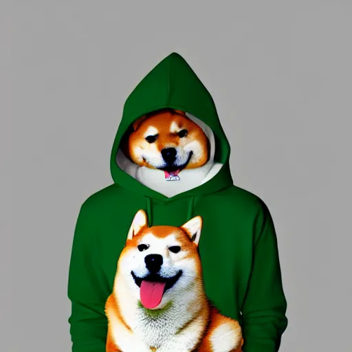 Image similar to a Shiba Inu wearing a green hoodie sitting on a couch, photo, trending on artstation, HDR, nicely detailed, 8k