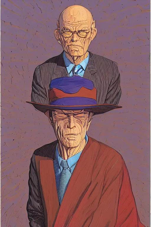 Image similar to an original jean giraud digital art painting of a portrait of a zen - buddhist capitalist in a bankers suit