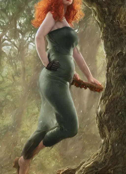 Image similar to tired Christina Hendricks taking a rest under a tree after an long adventure a ruggedly muscled handsome heroine, intricate, elegant, highly detailed, centered, digital painting, artstation, concept art, smooth, sharp focus, illustration, artgerm, donato giancola, Joseph Christian Leyendecker, WLOP, Artgerm, thunder storm