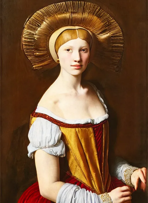 Prompt: portrait of young woman in renaissance dress and renaissance headdress, art by petrus christus