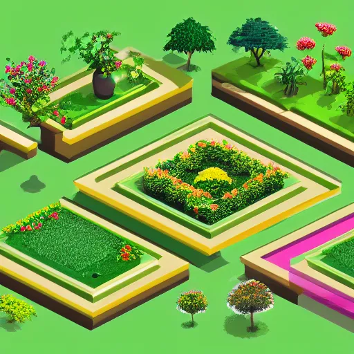 Image similar to beautiful isometric garden, trees and plants, futuristic, ideal, zen