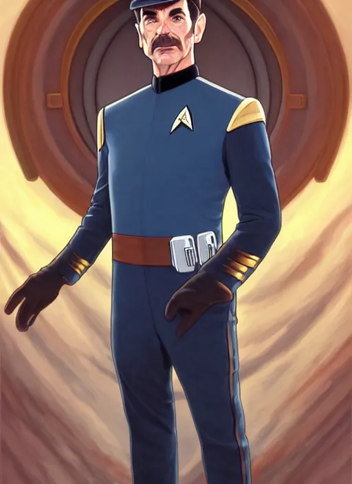 Image similar to cute star trek officer daniel plainview, natural lighting, path traced, highly detailed, high quality, digital painting, by don bluth and ross tran and studio ghibli and alphonse mucha, artgerm
