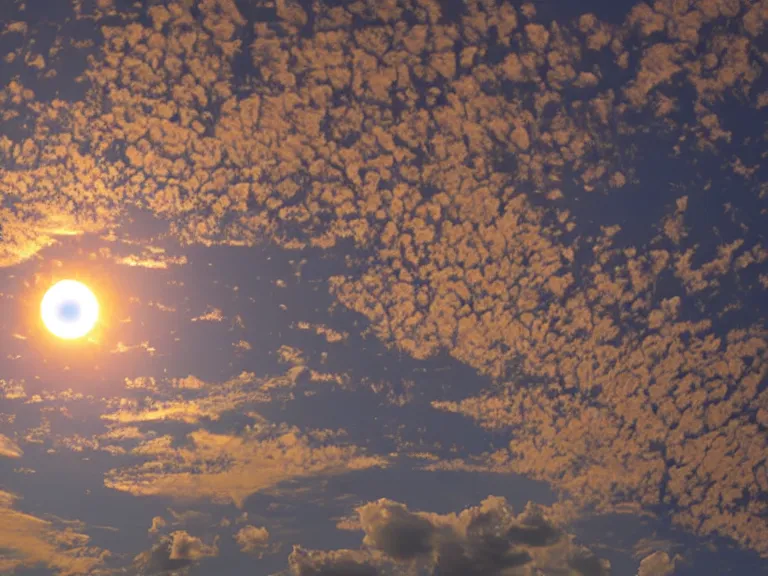 Prompt: The sky shows many many many suns in eclipse, lined up to the horizon. A view of the sky from the ground. Extremely high details, photo, wide angle lens