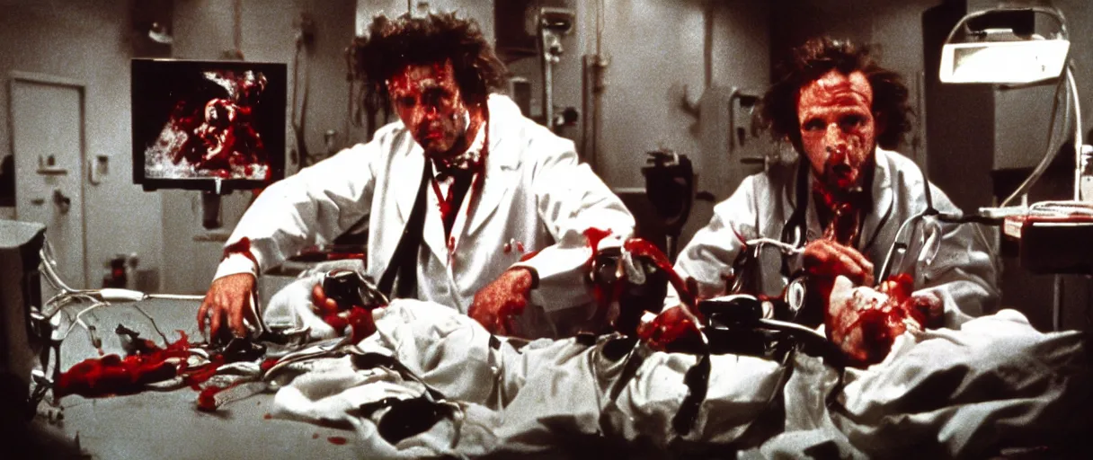 Image similar to filmic extreme wide shot dutch angle movie still 35mm film color photograph of a doctor operating on a soccer ball, blood splattering, in the style of The Thing 1982 horror film