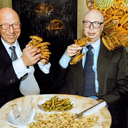 Prompt: klaus schwab and bill gates at restaurant, eating very delicious fried grasshoppers and worms, served with pasta, in the style of gustav klimt drawing