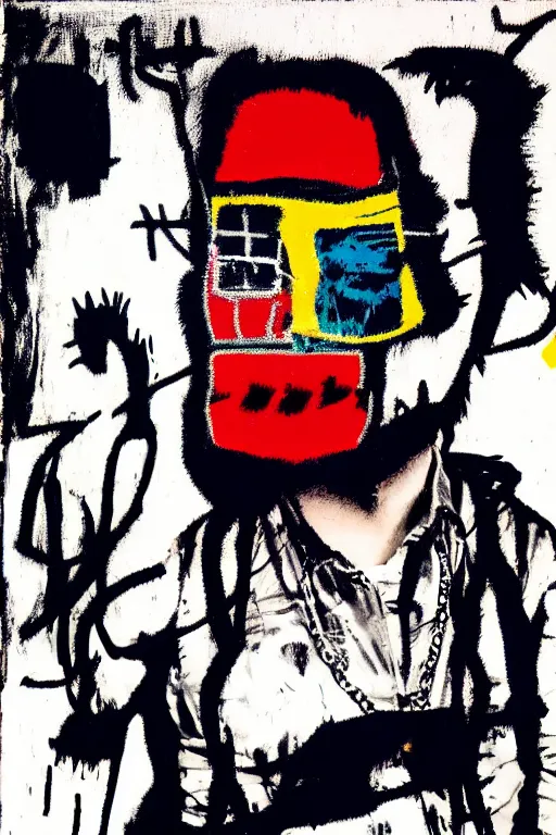 Prompt: cyborg satoshi nakamoto in the style of jean michel basquiat, andy warhol, and pablo picasso