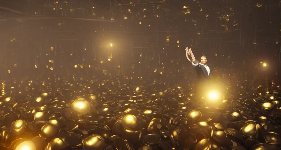 Image similar to Dramatic photo of a CEO waving to a large group of his coworkers in a futuristic office. Golden coins are levitating all around them. 8k, high detail, trending on Artstation, volumetric lighting, cyberpunk