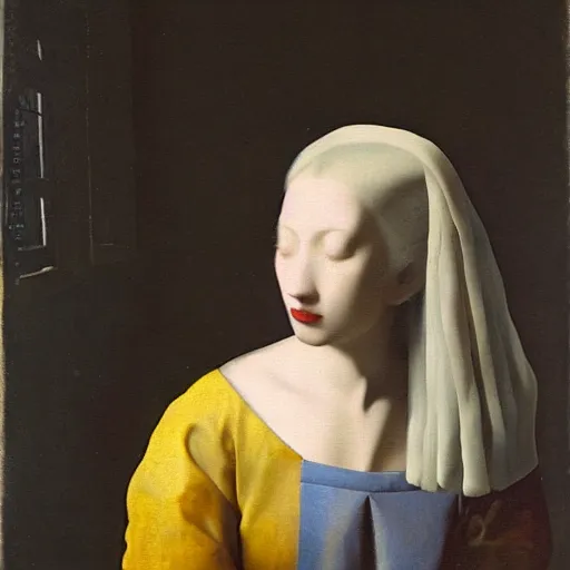 Prompt: painting of a beautiful woman with iridescent translucent hair, her eyes are closed, hair is floating, ethereal, by Johannes Vermeer