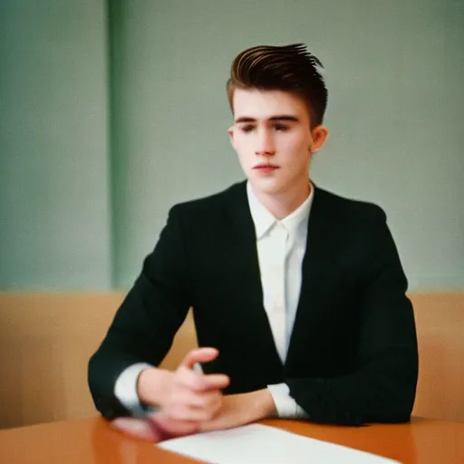 Image similar to A young man in a suit sits at a table on a martial green flannel, bokeh, cinestill