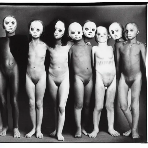 Image similar to portrait of other worldly beings by Diane Arbus, 50mm, black and white photography