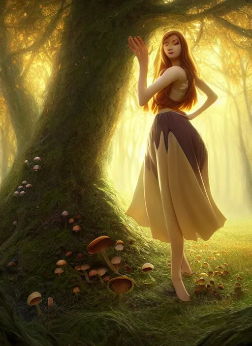 Image similar to young woman walking in skirt : : magic forest mushrooms nature : : weta disney pixar movie still photo : : decadent highly - detailed digital painting, full length shot, golden ratio, octane render, artstation, smooth, sharp focus, artgerm, mucha, loish, wlop, gogo