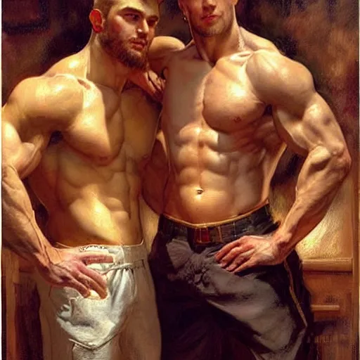 Prompt: attractive muscular male with brunet hair and attractive muscular male with blond hair. pants and shorts, drinking their hearts out, in a pub. highly detailed and very defined painting by j. c. leyendecker, gaston bussiere, craig mullins 8 k