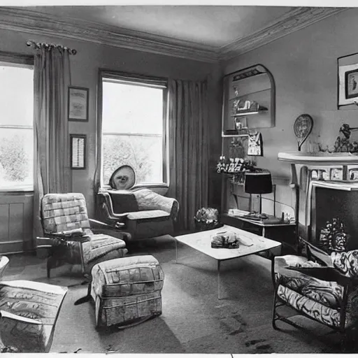 Prompt: a typical American living room from the 1940s