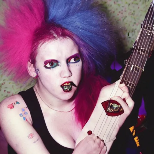 Image similar to ''riot grrl punk singer in the early 1990s''