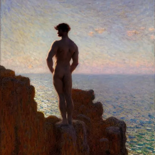 Prompt: an attractive male standing on a cliff, clothed!!!!, looking out at the ocean, by gaston bussiere, craig mullins, j. c. leyendecker, claude monet