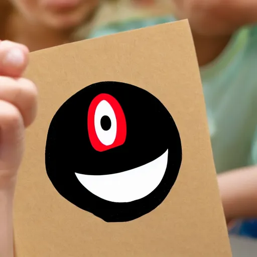 Image similar to child drawing of smiling emoji face with red eyes thumb up and red eyes.