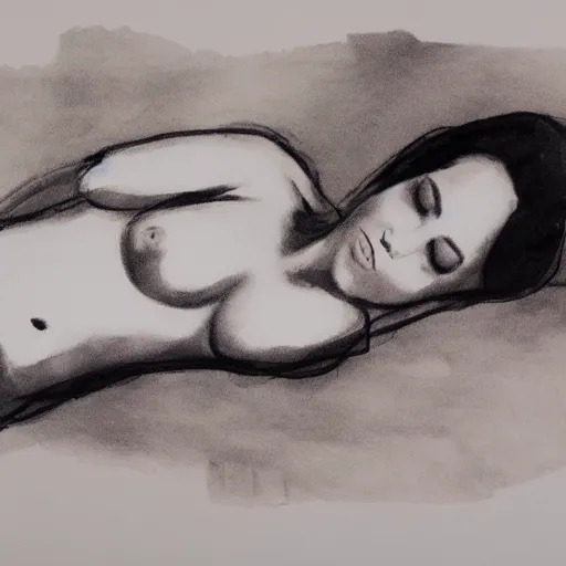Prompt: ink and wash life drawing of reclining female